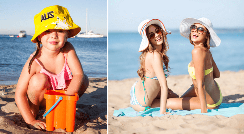 femei si fetita cu palarii - accesoriu util impotriva razelor UV