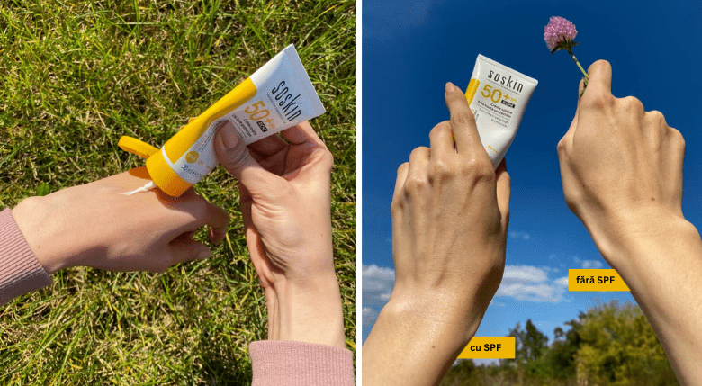 textură și aspect pe piele crema cu SPF 50+ Soskin